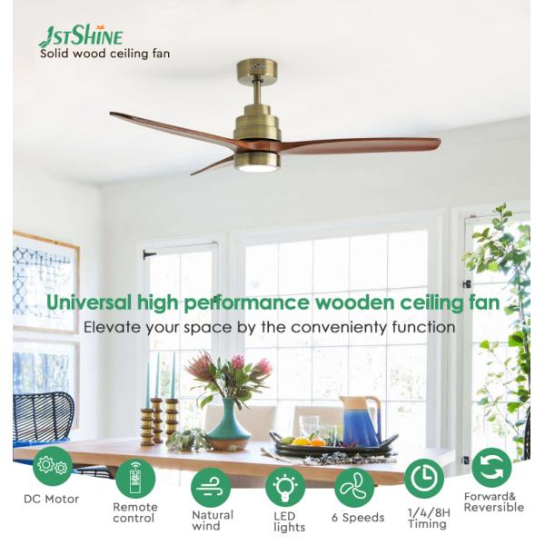 Ventilador de teto de madeira maciça decorativo interior com luz para casa inteligente