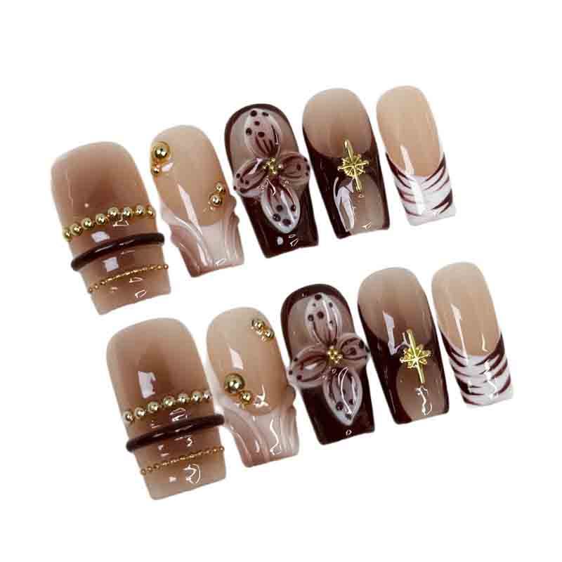 Handmade Press On Nails Wholesale Long Square Coffee Gradient Flower Zebra Fake Nails