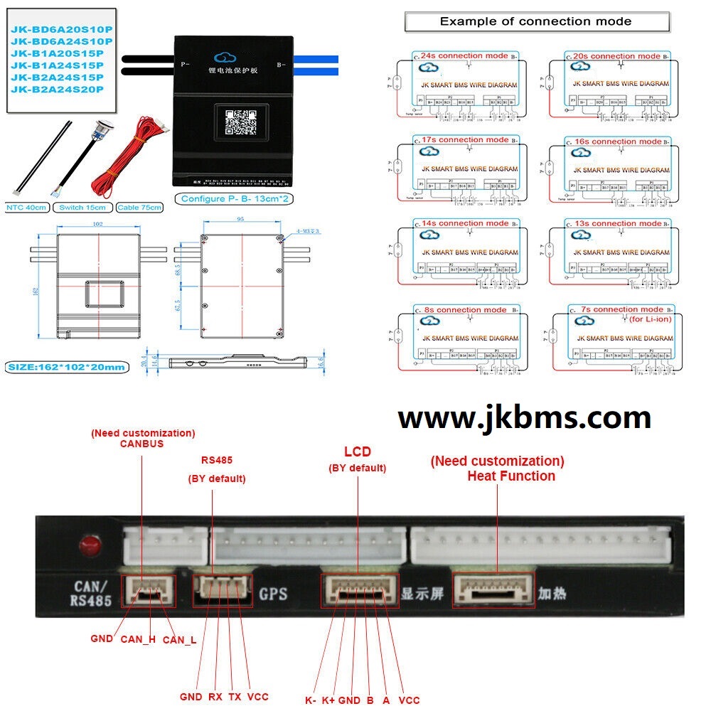 JKBMS Active BMS Solar Inverter Batteries LIFEPO4 NMC For Solar Energy Systems