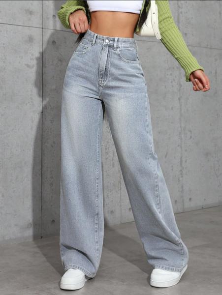 Powder blue high-waisted straight-leg jeans for women