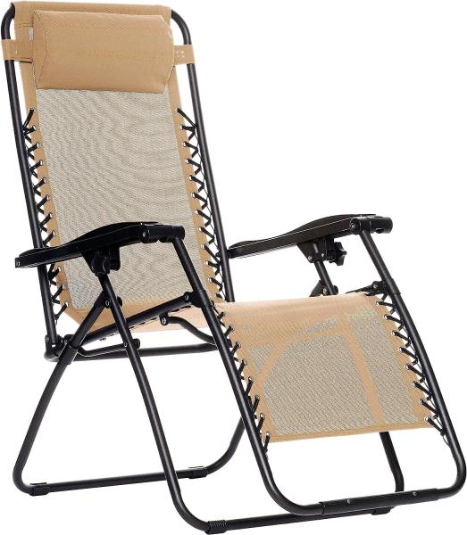 Outdoor Textilene Adjustable Zero Gravity Folding Reclining Lounge Chair With Pillow, 26, Beige