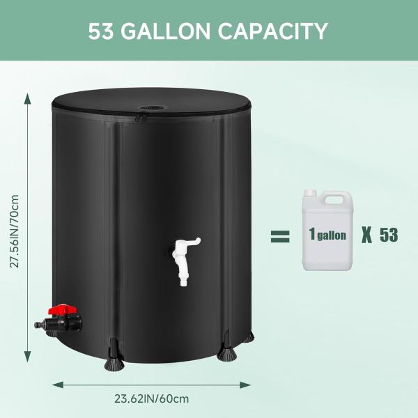 Collapsible Rain Barrel Water Storage Containers-53 Gallon Portable Rainwater Collect System Water Tank To Collect Rainwater From Gutter Downspout Water Catcher With Spigots,Filter＆Overflow Kits