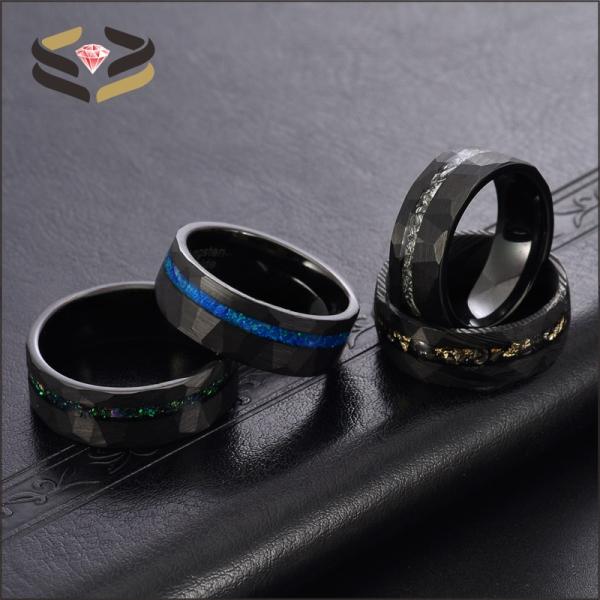 Anniversary Gift Black Hammered Tungsten Ring 8mm With Opal And Meteorite Inlay