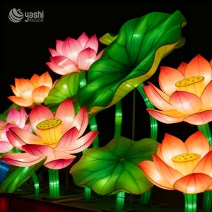 Custom Lotus Flower with Leaf LED Lantern Set, Traditional Chinese Water‑Lily Light Sculpture for Park Pond Light Festival