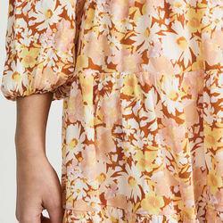                  Ladies Viscose Floral Print Ruffle Hem Scoop Neck Smocked Waist Crepe Dress for Women             