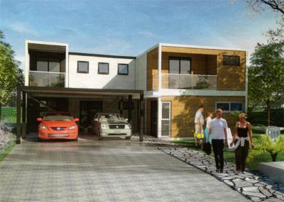 Duas casas modulares modernas de aço do recipiente da história