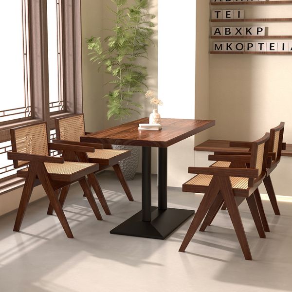 Solid Wood Dining Table Cafeteria Restaurant  bar Cafe Commercial Rattan Tables and Chairs