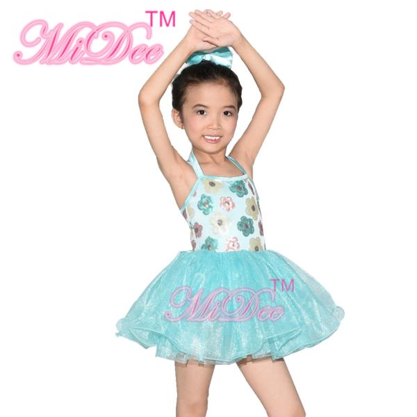 Floral Kids Dance Clothes Halter Neck Sequin Dress Tulle Tutu Skirt Attached