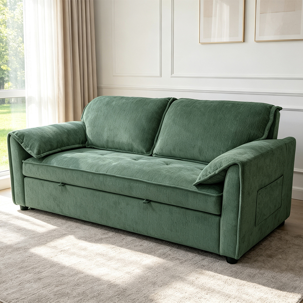 Futon Sofa Bed, Convertible Sleeper Sofa Bed, Comfortable Pull-Out Bed with Adjustable Backrest, Green Fabric