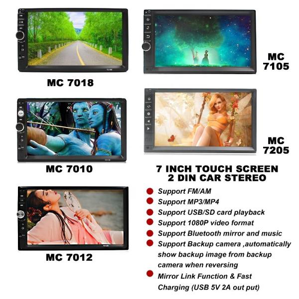 Universal 7 Inch Touch Screen 2 Din Car Stereo Monitor with MP5 SD USB Bluetooth Mirror-Link