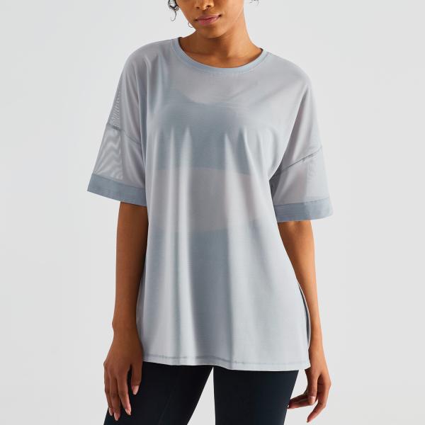 T-shirt curto da luva das mulheres tomadas partido dobro da aptidão de Mesh Stitching Casual Sports Top de brocado