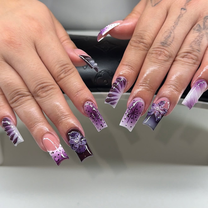 Long Square Dark Style Pattern Press On Nails 3D Design Glossy