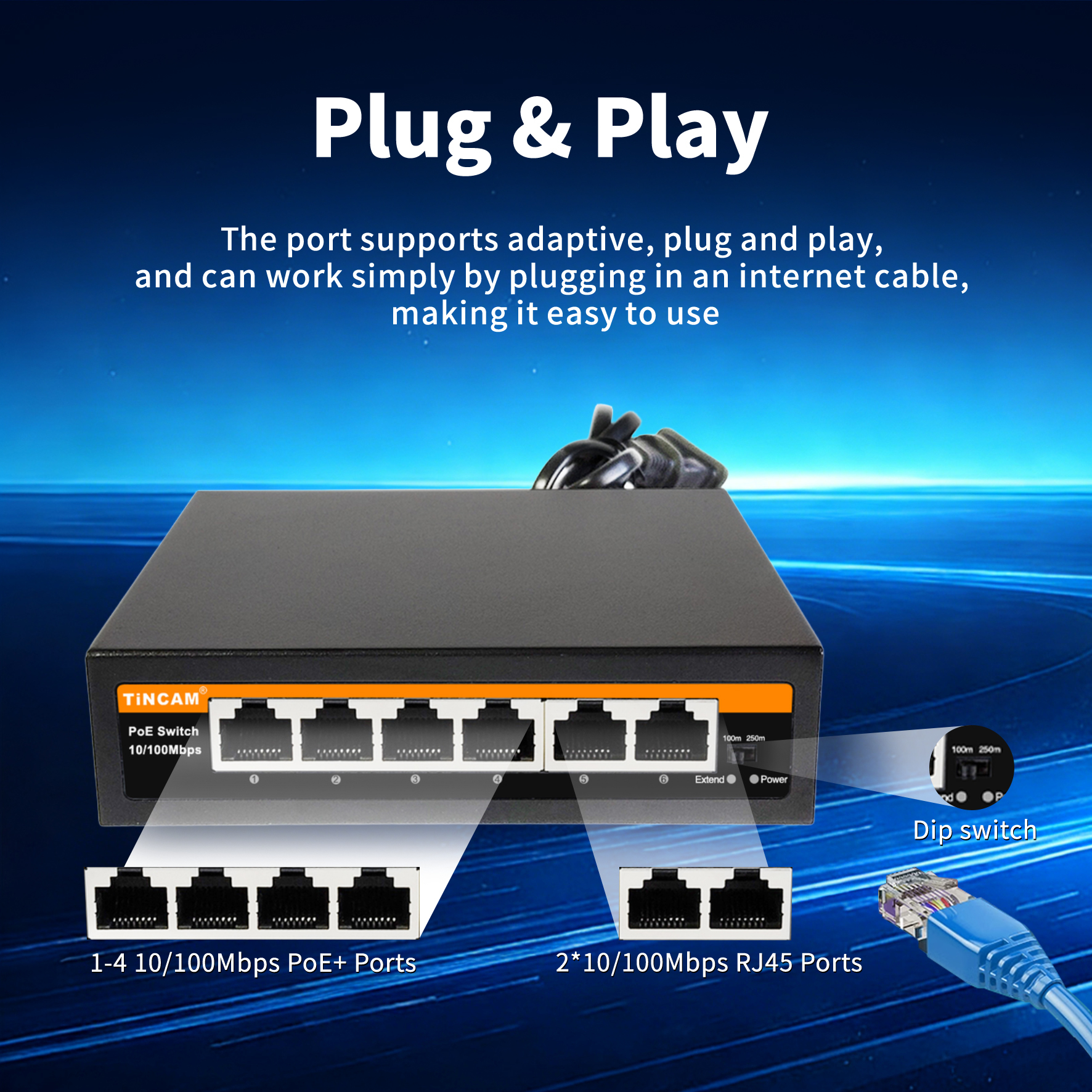 4 Port PoE Switch with 2 Fast Ethernet Uplink Ports 6-Port Unmanaged PoE Switch IEEE 802.3af/at 48W Built-in Power Supply Unmanaged TNC-EPS4306N4