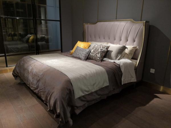 Villa house upholstered headboard by golden painting wood bed with luxury Nightstand for Villa house interior designer