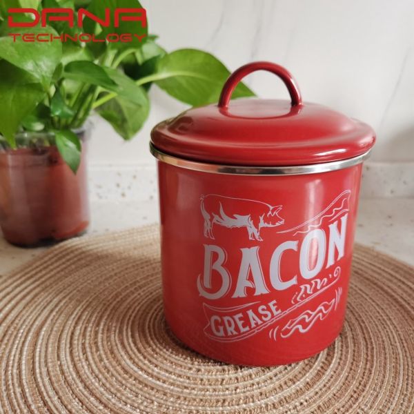 900ml Handmade Enamel Grease Container With Stainless Steel Strainer And Handle