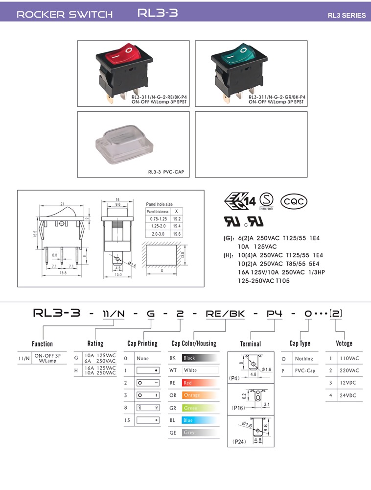 Arcolps RL3-3 Green Red Plastic Rocker Switch ON-OFF 3P SPST IP65 16A 250V Quick Connect for Automation