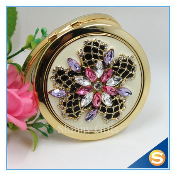 Shinny Gifts Luxury Rhinestone Flower Design Metal Compact Mirror Small Makeup Mirror For Girls Gift