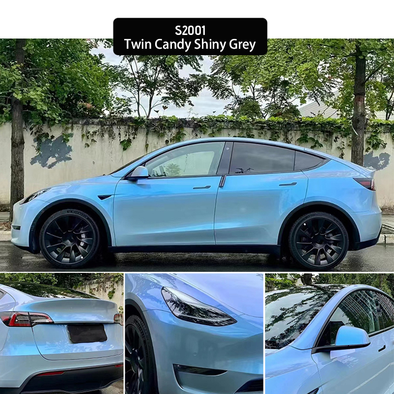 Glossy Laser Baby Blue Car Color Change Stickers PVC Vinyl Wrapping Car Film Stretchable Air Release