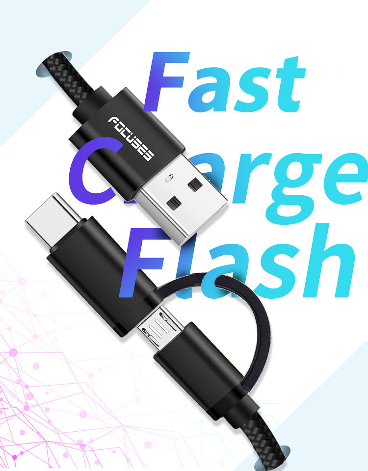 Nylon Braided 2 In 1 Charging Cable 3m OEM Type C USB 2.0 Cable