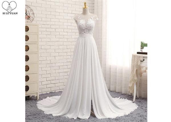 High Slit A Line Bridal Gowns / Cream Colour Wedding Gown Open Back Pleated Tail
