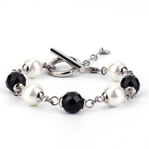 Wholesale Black White Design Stainless Steel Glass Pearl Beaded Bracelet