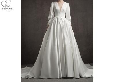 Deep V Neck Vintage Off White Wedding Dresses Long Lantern Sleeve Pleating Tail