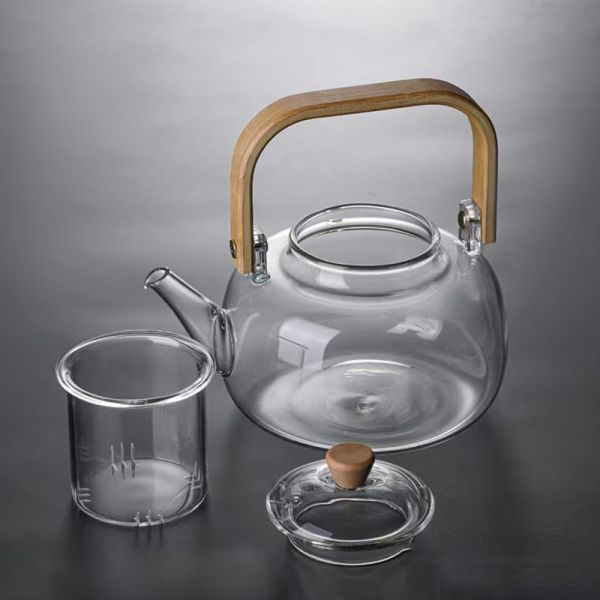 Eco Friendly Glass Tea Pot Transparent Glass Kettle With Wooden Lid Large Capacity