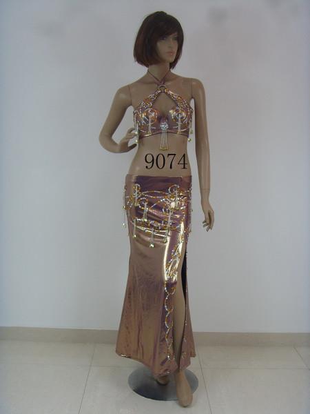 Sleeveless Belly Dancing Clothes Elegant Halter Neck Metallic Gold Bra Floor Length Skirts