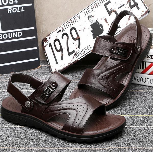 Flat Handmade Leather Sandals Mens  Leisure Black Beach Sandals With Leather Upper