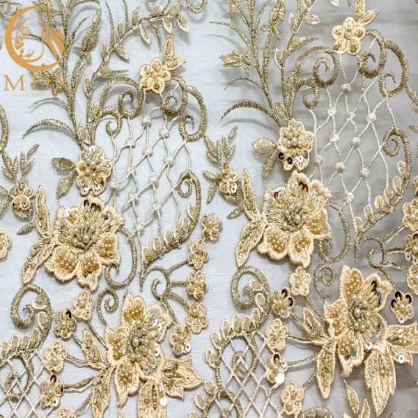 Ткань шнурка Applique нейлона 3D 20% тяжелая вышитая бисером с цветочным узором
