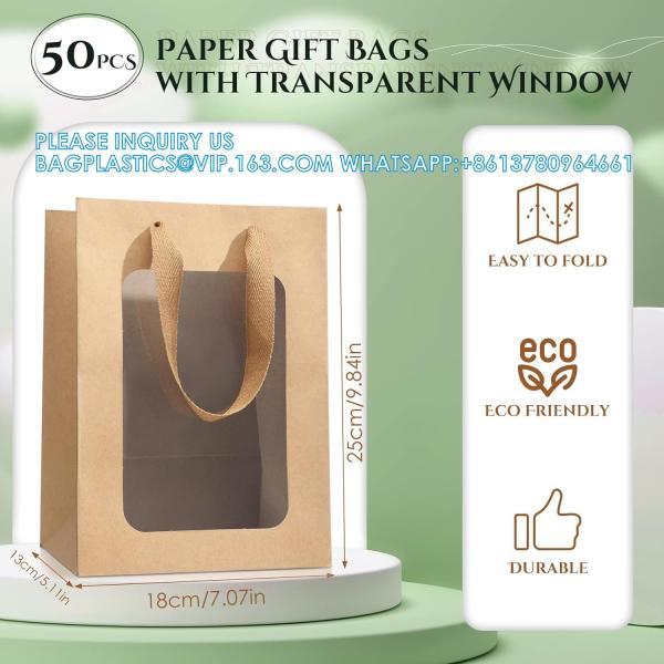 Kraft Shopping Bags With Handles For Present, Festivals Party Gift Bags With Transparent Window