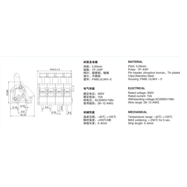 Panel Mount Pluggable PCB Spring Terminal Block RD243 5.0 1P-XXP 300V 15A