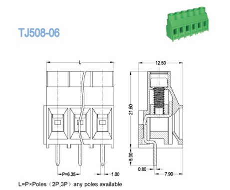 Green PCB Mount Terminal Block 300V 10A Pitch 6.35mm Single Deck