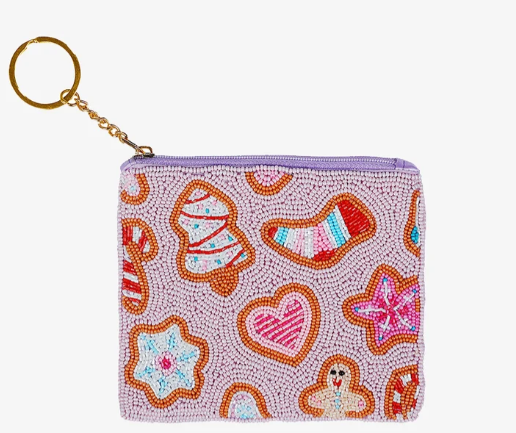 Beaded coin bag with detailed glass and acrylic beads front and back beadwork top zip and gold tone key ring for convenient