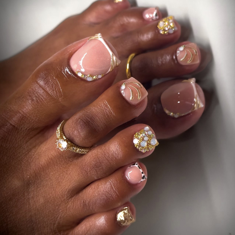 Rhinestone Waterproof Press On French Tip Toenails 24 Pieces