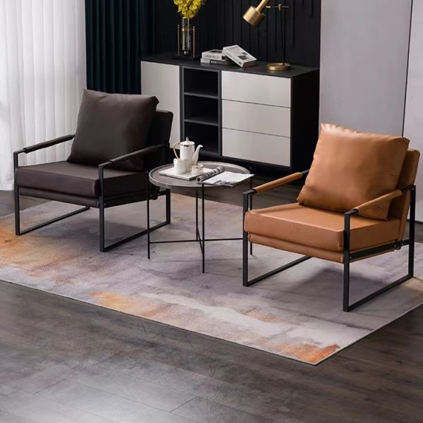 Accent Style Mid Century Living Room Armchair Brown Leather Metal Frame Bedroom Occasional Chair Contemporary Seating