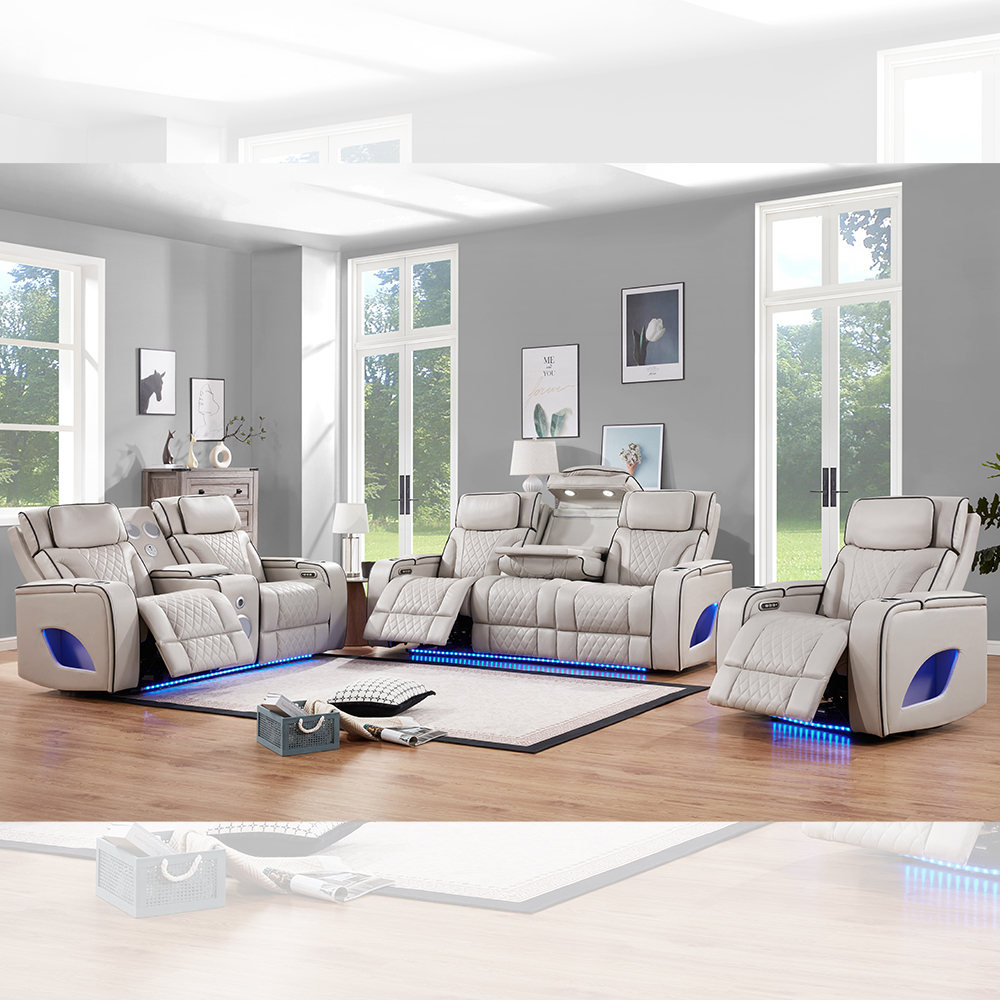 Power Recliner Sofa set with Power Headrests and Dropdown Table and Speaker and Storage and LED Light, Massage Function, Beige Leatherette
