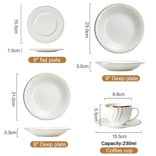Gold line White Bone china embossed tableware Wedding Ceramic charger plate Dinner plate dish bowl mug coffee cup freely