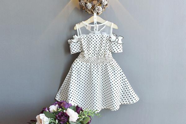 Toddlers Round Neck Summer Black And White Polka Dot Strapless Dress For Girls