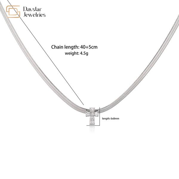 14k Stainless Steel Flat Snake Chain Necklace Cross Diamond Zircon Pendant