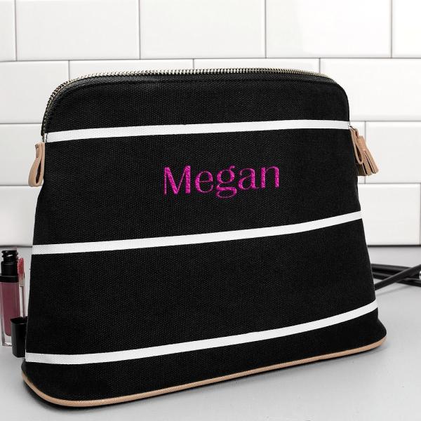 Personalized Blue Stripe Cotton Canvas Cosmetic Bag Bag