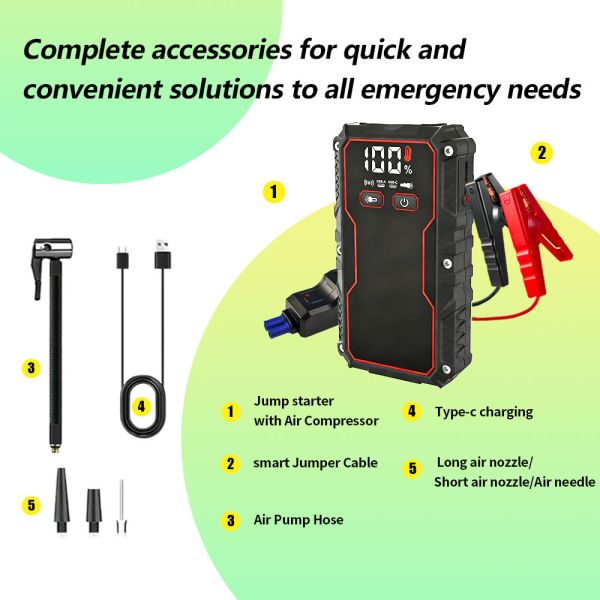 Compact 12V Jump Starter with 150PSI Air Compressor, 10000mAh Battery, and LED Emergency Light for Roadside Emergencies
