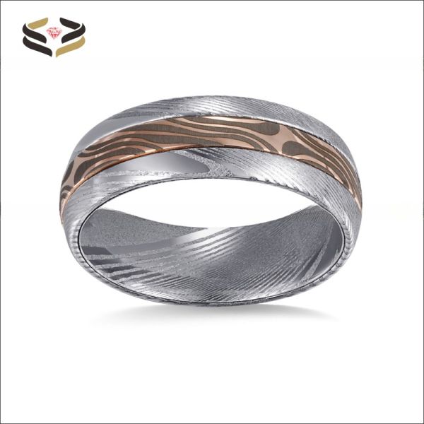 Damascus Steel Jewelry Main Material 8mm Lasered Rose Gold Mokume Gane Inlay Wedding Band for Unisex