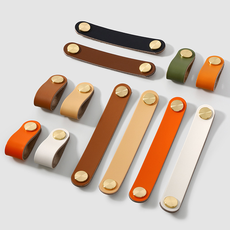 Contemporary Modern Leather Cabinet Knobs Metal Button Drawer Handles for Home