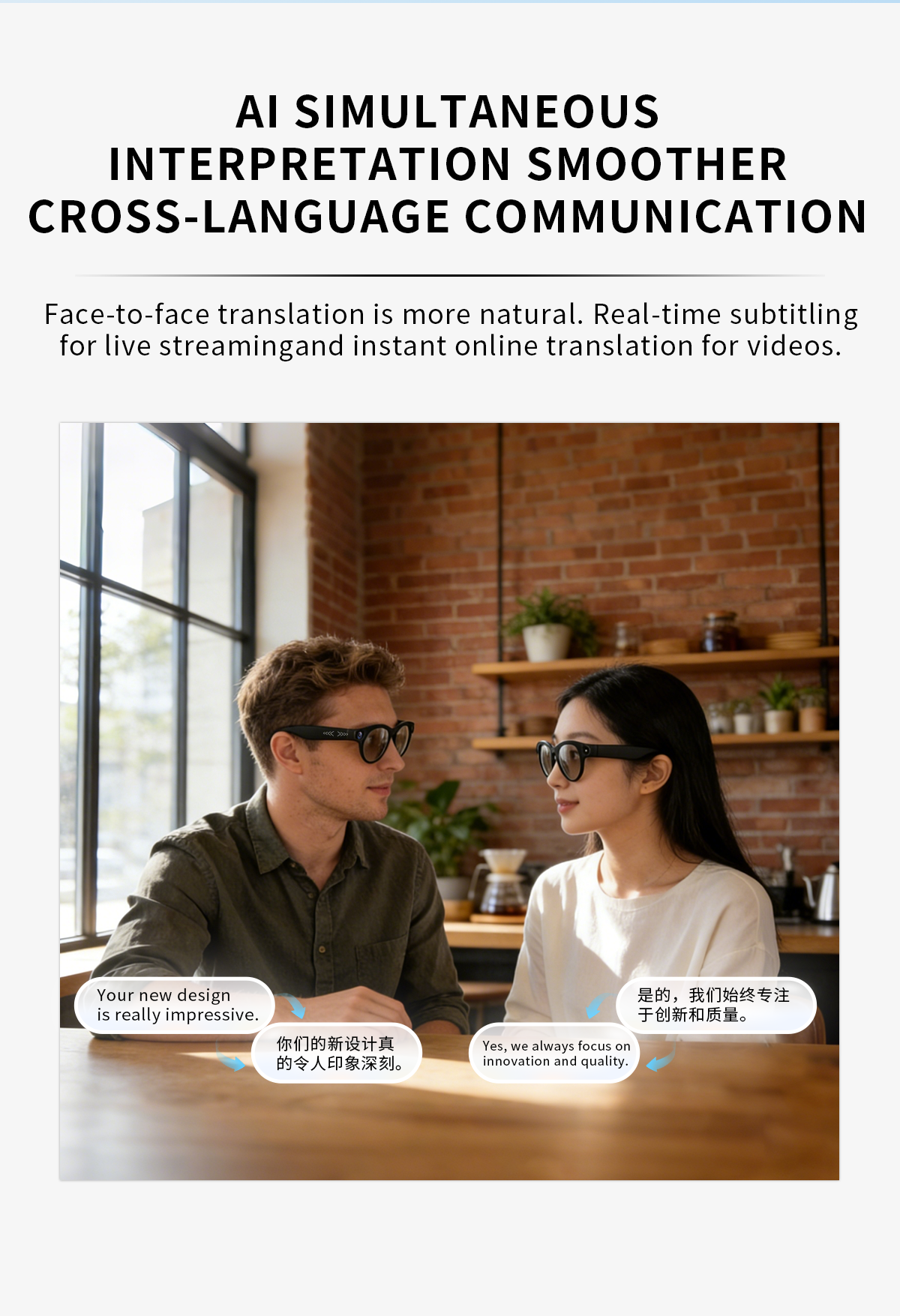 165 Languages AI Glasses Translator Audio / Video Call Translation Take Photo Video Recording