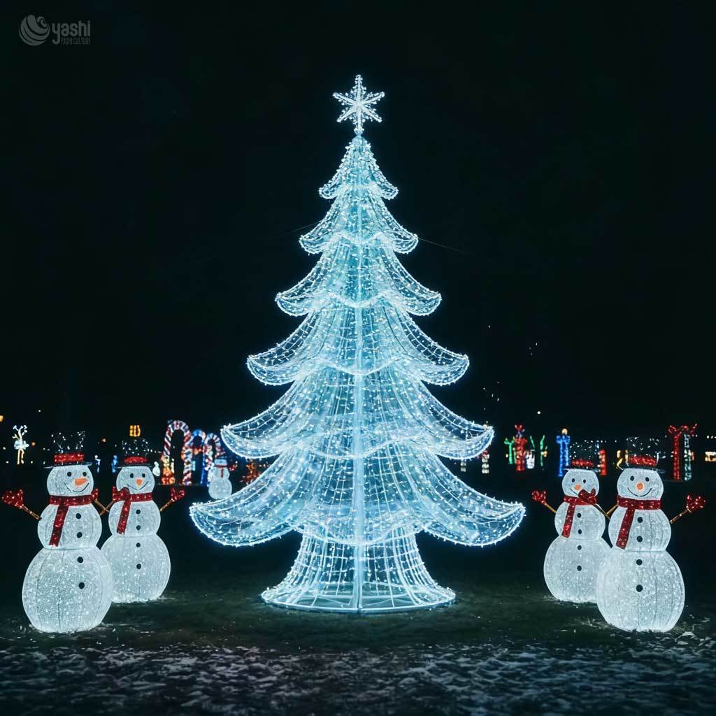 Custom Large Ice Blue LED Wire Frame Christmas Tree With Snowman Light Sculpture Set, Outdoor Commercial Christmas Landscape Lights