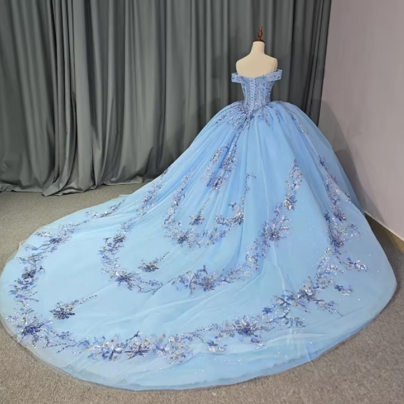 Glitter Off-the-shoulder V-neck Appliqued Lace Beaded Chapel Train Ball Gown Long Blue Tulle Quinceanera Dress 
