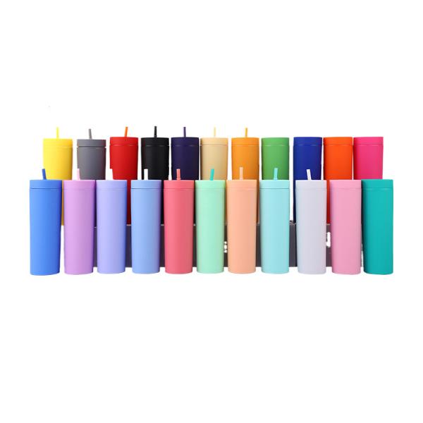 Skinny Double Insulated Plastic Water Bottle Rubber Paint 16oz Plastic Water Bottle Straight Sippy Cup With Splash Proof Lids Easy To Clean