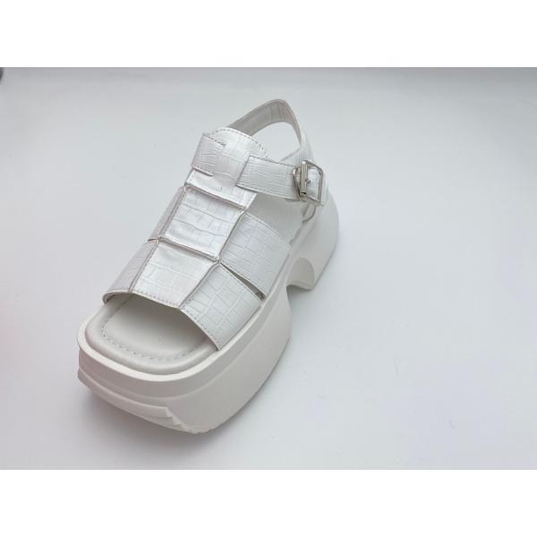 Women white sandals with thick soled and metal button genuine leather