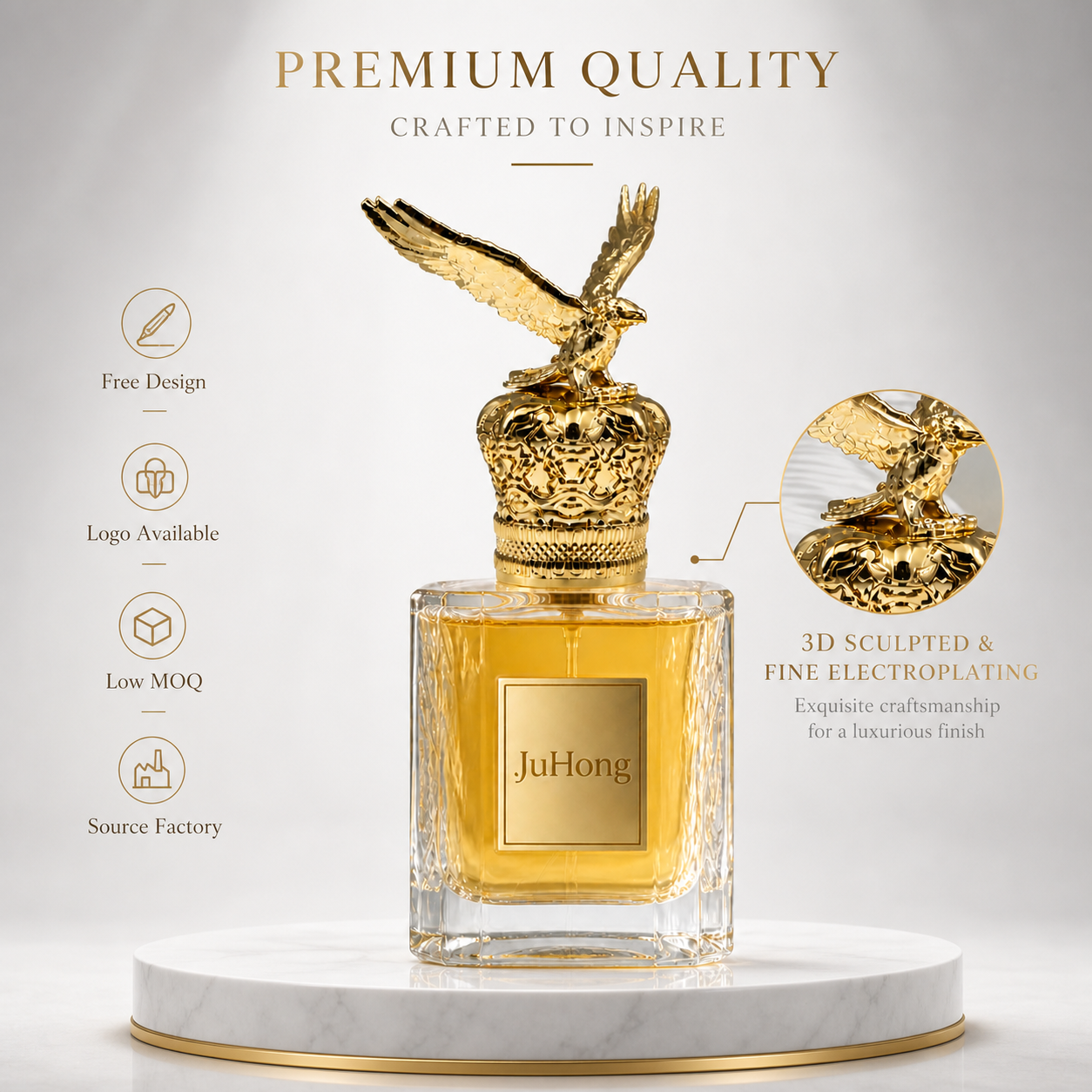 Ornate Eagle‑on‑Crown Zamac FEA15 Perfume Cap, Gold‑Plated Zinc Alloy Decorative Bottle Top